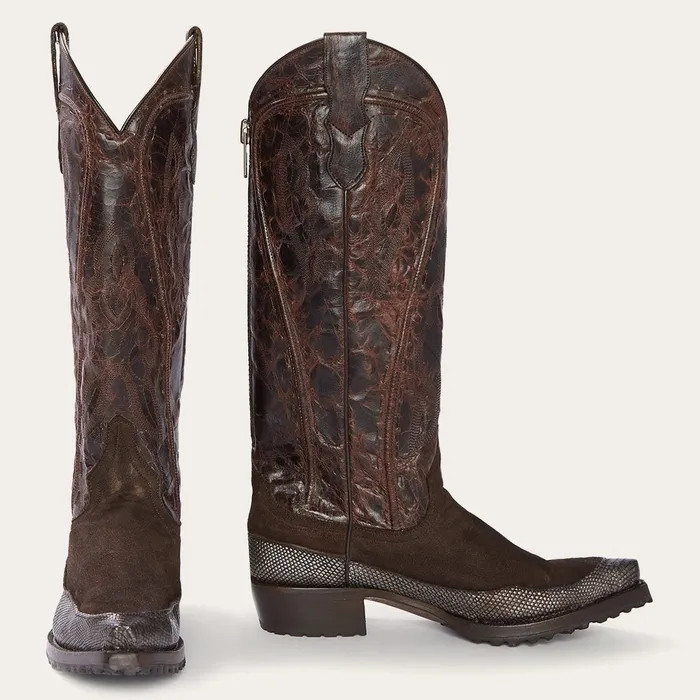 Western Women Stetson Dakota Brown Suede and Teju Cowboy Boot Brown