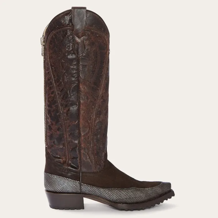 Western Women Stetson Dakota Brown Suede and Teju Cowboy Boot Brown