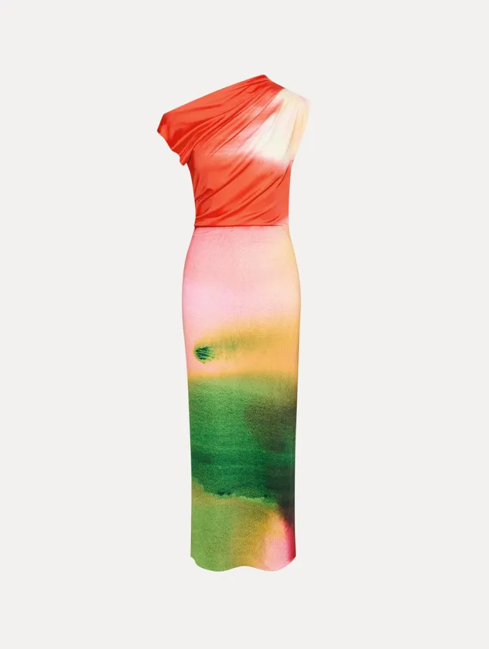 Women Abstract Watercolor Jersey Dress Vermilion Multi Oscar De La Renta Dresses