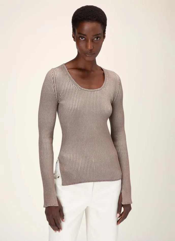 Women Bally Knitwear Ribbed Sweater 8211 Silk and Cotton Sweater In Taupe and Bone