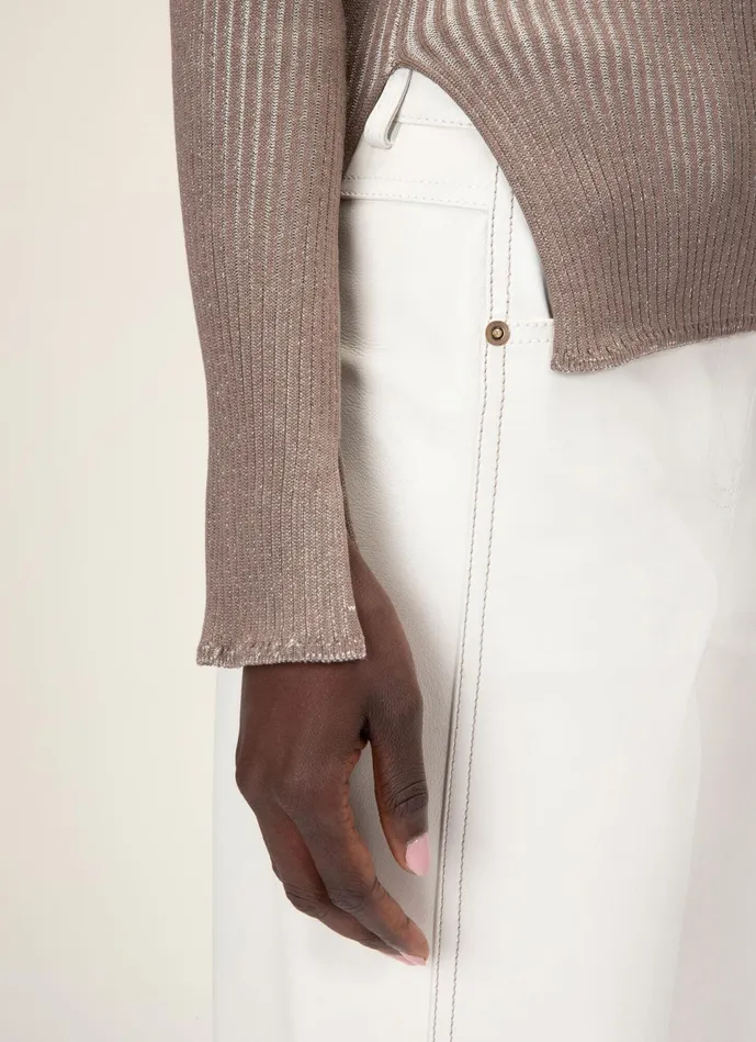 Women Bally Knitwear Ribbed Sweater 8211 Silk and Cotton Sweater In Taupe and Bone