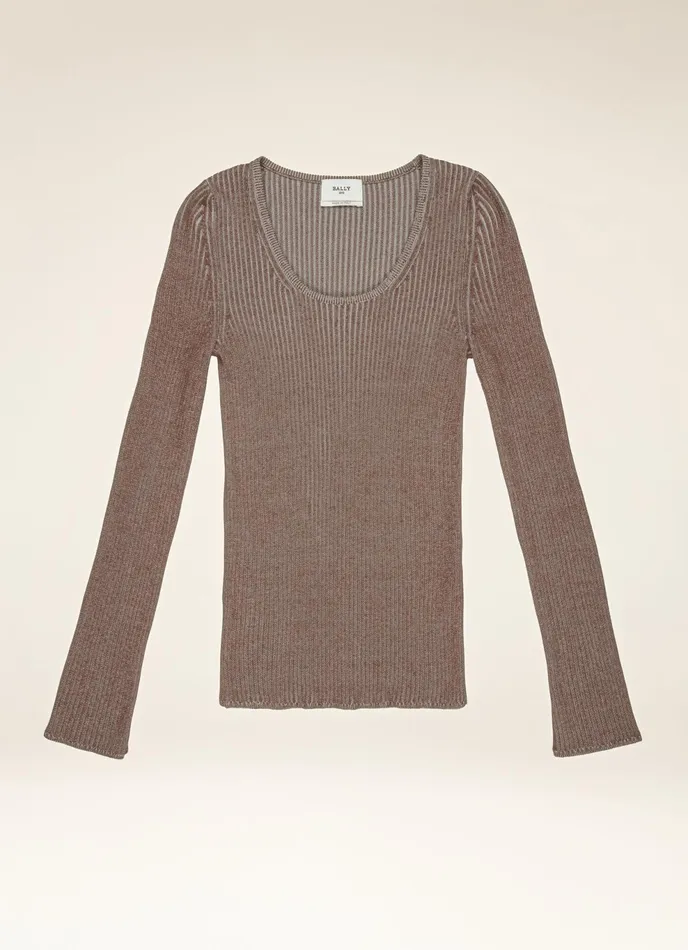 Women Bally Knitwear Ribbed Sweater 8211 Silk and Cotton Sweater In Taupe and Bone