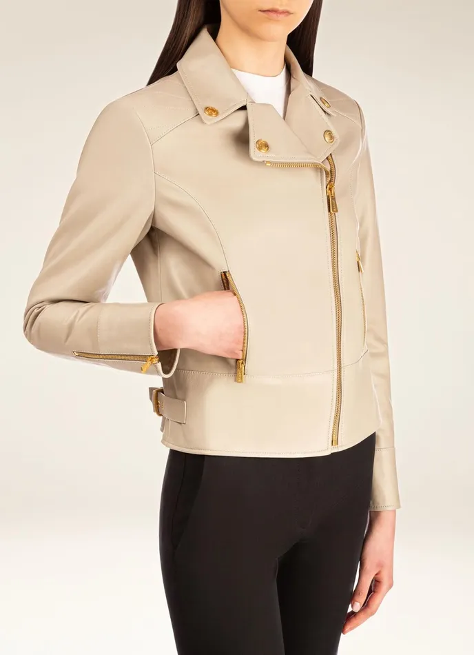 Women Bally Leather Biker Jacket 8211 Leather Outerwear In Beige