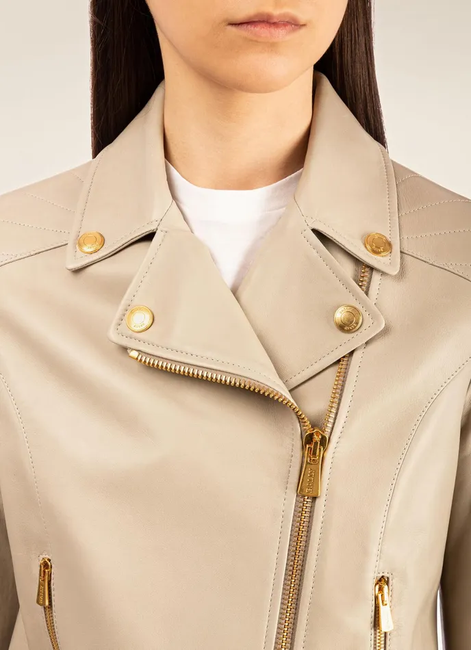 Women Bally Leather Biker Jacket 8211 Leather Outerwear In Beige