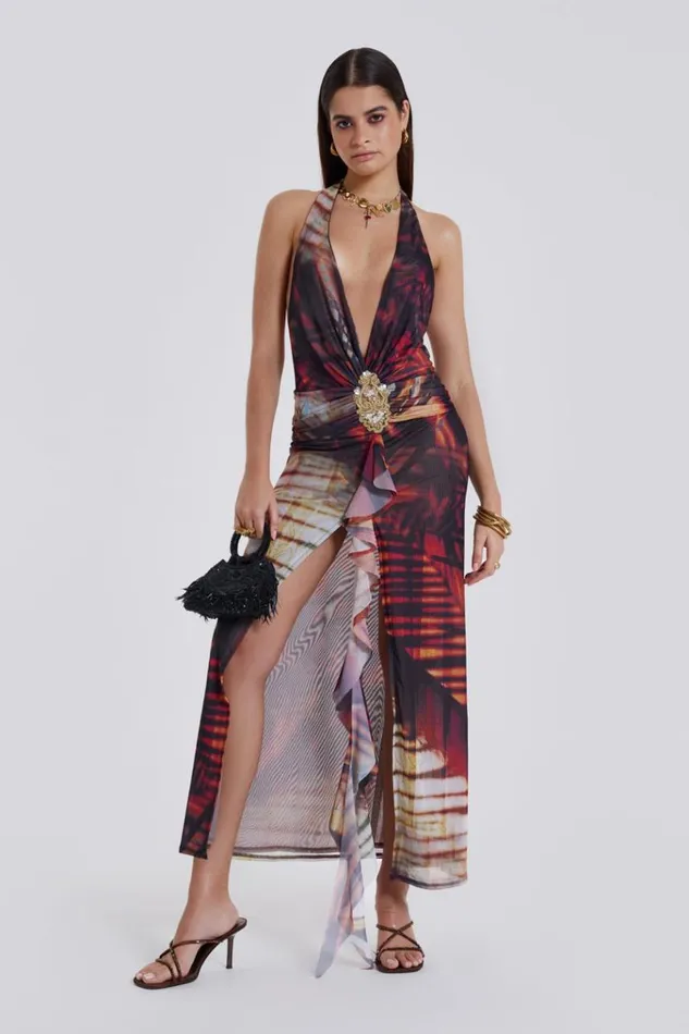 Women Beach Sunset Print Plunge Halter Neck Dress Jaded London Maxi Dresses