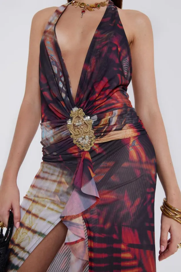 Women Beach Sunset Print Plunge Halter Neck Dress Jaded London Maxi Dresses