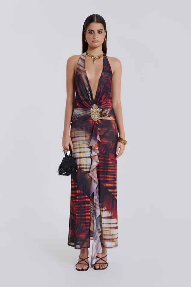 Women Beach Sunset Print Plunge Halter Neck Dress Jaded London Maxi Dresses