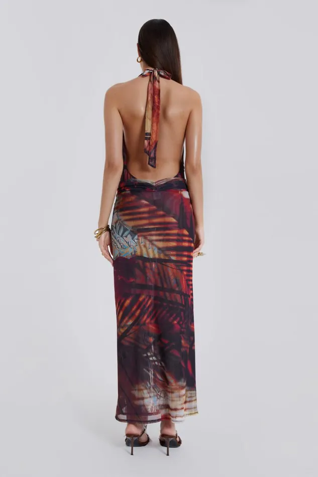 Women Beach Sunset Print Plunge Halter Neck Dress Jaded London Maxi Dresses