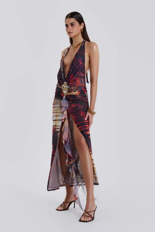 Women Beach Sunset Print Plunge Halter Neck Dress Jaded London Maxi Dresses