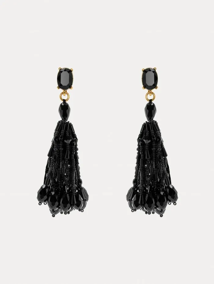 Women Beaded Tassel ClipOn Earrings Jet Oscar De La Renta Earrings