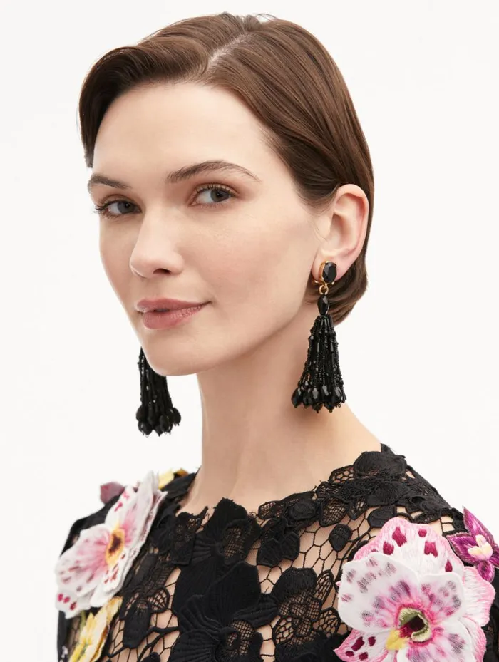 Women Beaded Tassel ClipOn Earrings Jet Oscar De La Renta Earrings Women Beaded Tassel ClipOn Earrings Jet Oscar De La Renta Earrings