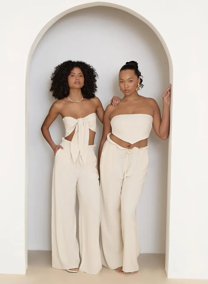 Women Beige Linen Drawstring Waist Trouser Tulum 4th and Reckless Pants