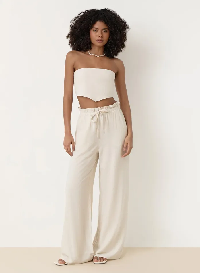 Women Beige Linen Drawstring Waist Trouser Tulum 4th and Reckless Pants