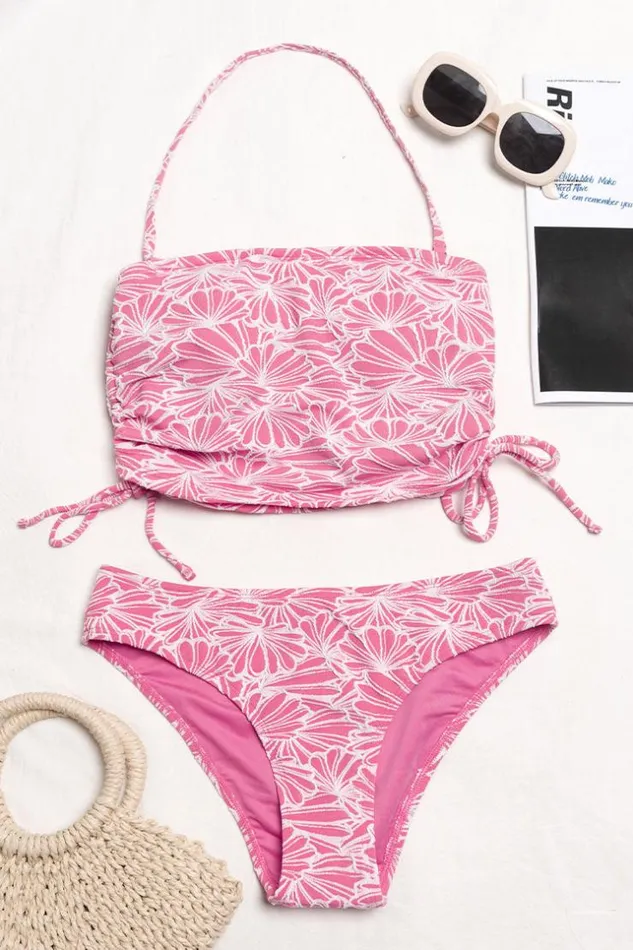 Women Bikini Sets Cupshe Abigayle Jacquard Drawstring Side Halter Tankini Pink