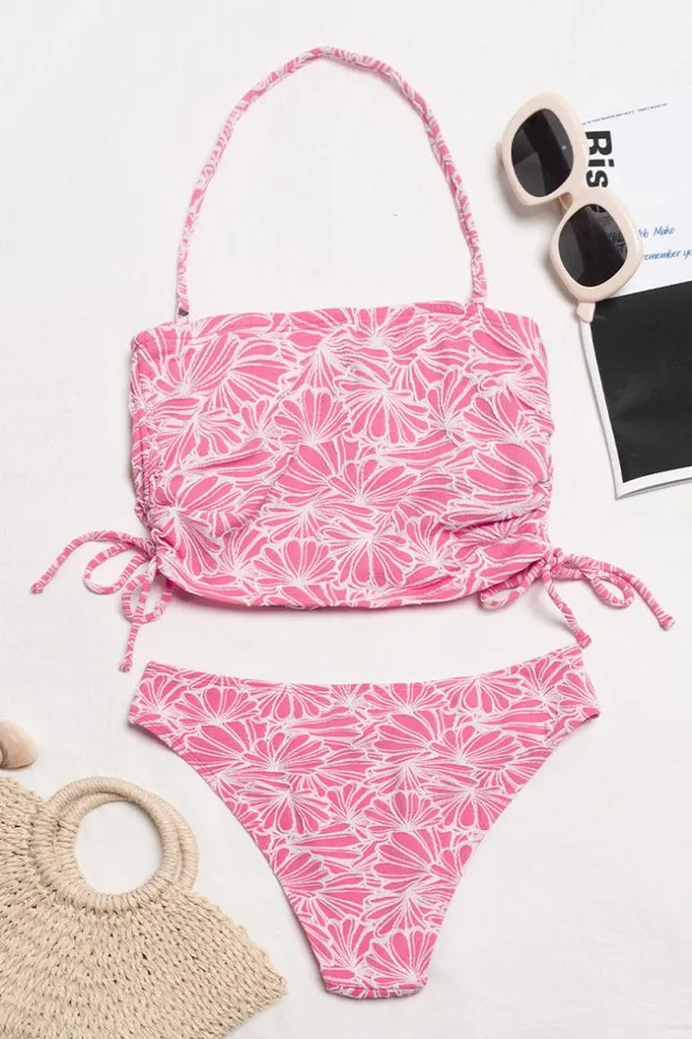 Women Bikini Sets Cupshe Abigayle Jacquard Drawstring Side Halter Tankini Pink