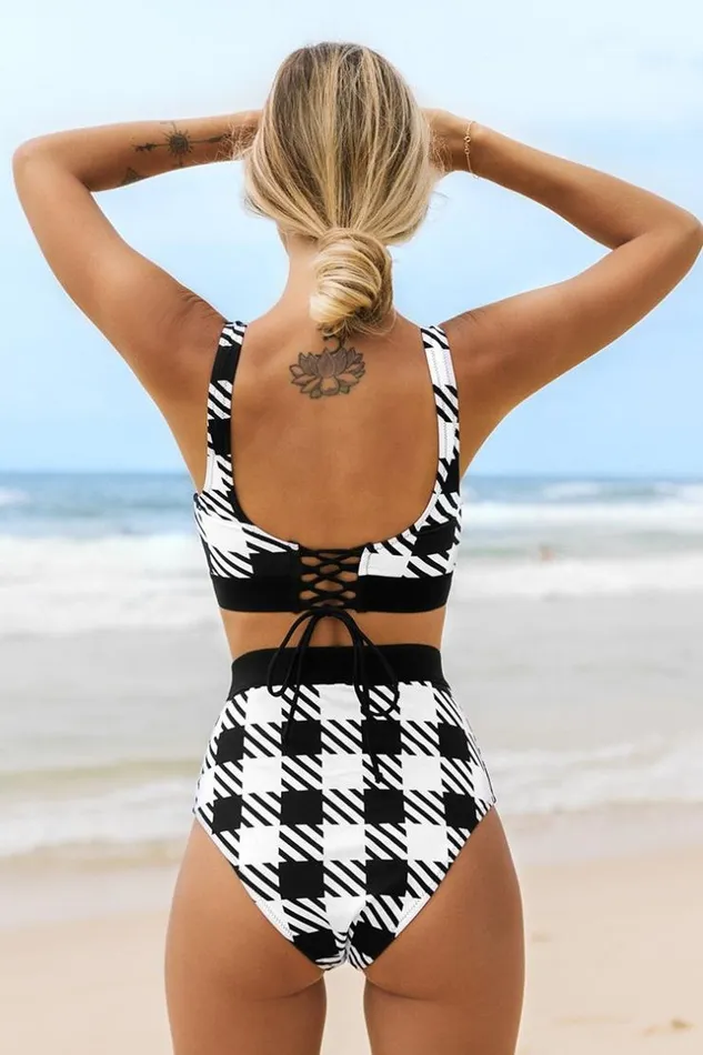 Women Bikini Sets Cupshe Black And White Plaid High Waisted Bikini Blackwhite