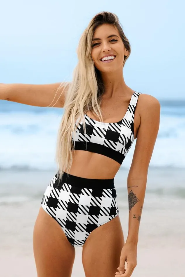 Women Bikini Sets Cupshe Black And White Plaid High Waisted Bikini Blackwhite