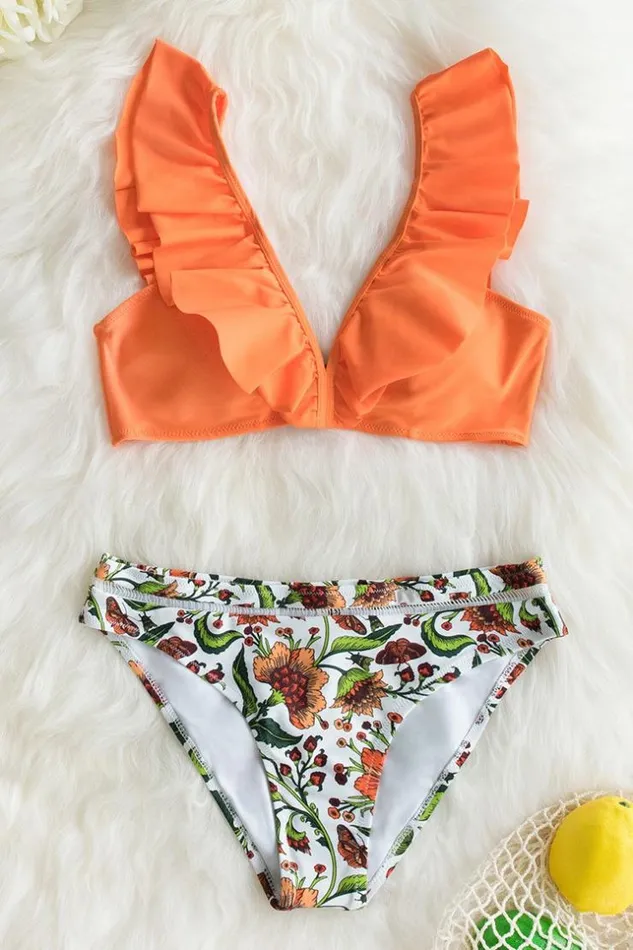 Women Bikini Sets Cupshe Orange Ruffle Bikini With Floral Bottom Multicolor