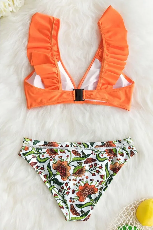 Women Bikini Sets Cupshe Orange Ruffle Bikini With Floral Bottom Multicolor