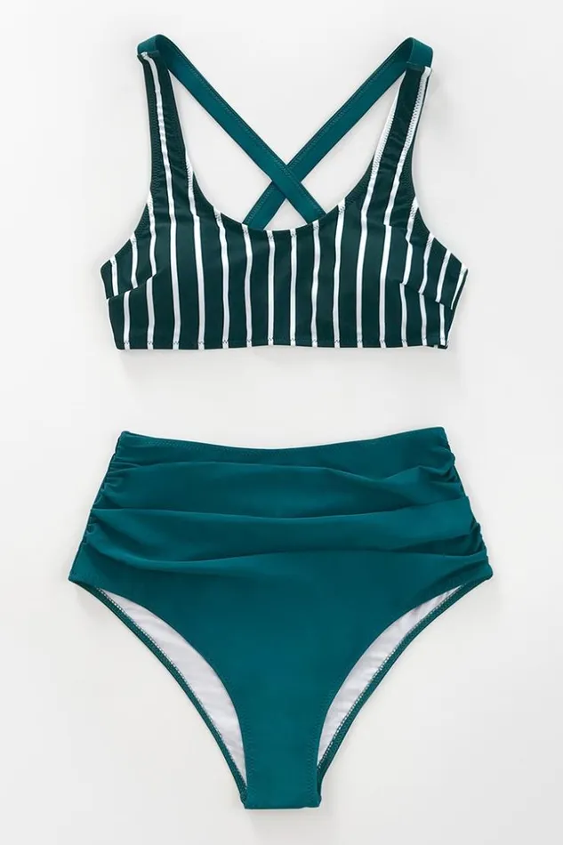 Women Bikini Sets Cupshe Teal And White Striped High Waisted Bikini Teal