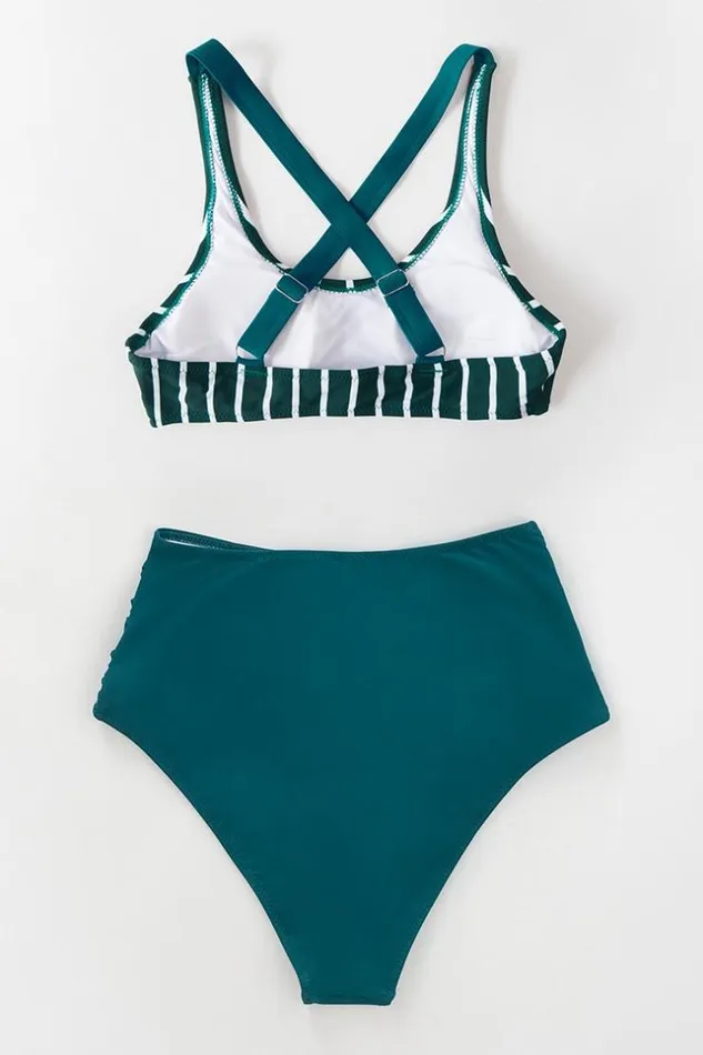 Women Bikini Sets Cupshe Teal And White Striped High Waisted Bikini Teal
