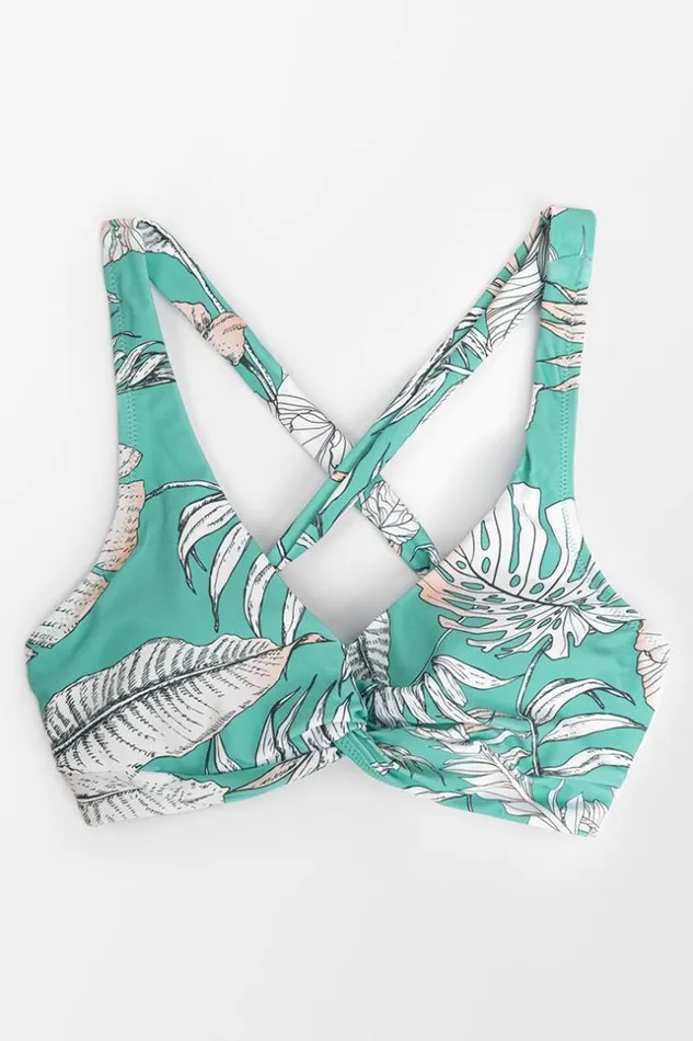 Women Bikini Tops Cupshe Fiona Floral Twist Crisscross Tie Back Bikini Top Green