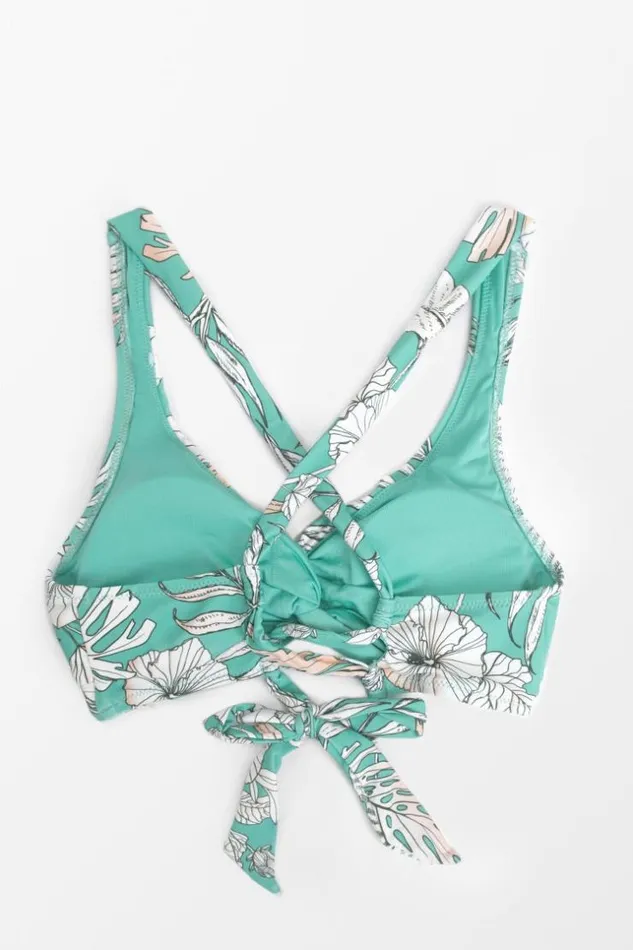 Women Bikini Tops Cupshe Fiona Floral Twist Crisscross Tie Back Bikini Top Green