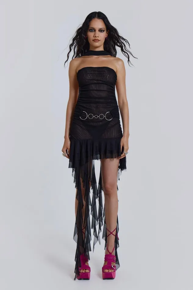 Women Black Belted Backless Mesh Dress Jaded London Mini Dresses