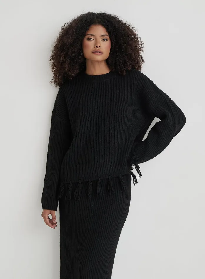 Women Black Oversized Tassle Trim Jumper Fallon 4th and Reckless Knitwear