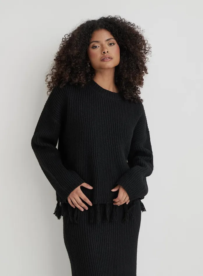 Women Black Oversized Tassle Trim Jumper Fallon 4th and Reckless Knitwear
