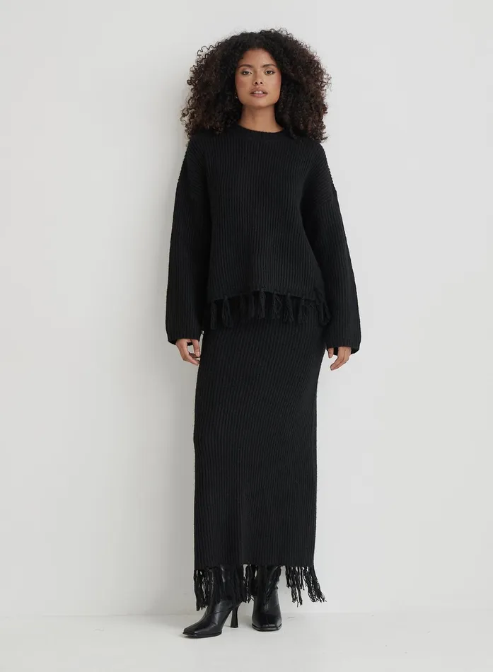Women Black Oversized Tassle Trim Jumper Fallon 4th and Reckless Knitwear