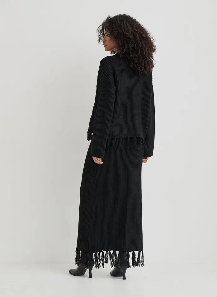 Women Black Oversized Tassle Trim Jumper Fallon 4th and Reckless Knitwear