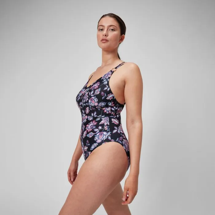 Women BodyShaping Speedo Women039s Shaping Printed Strappy Swimsuit BlackPurple Women BodyShaping Speedo Women039s Shaping Printed Strappy Swimsuit BlackPurple