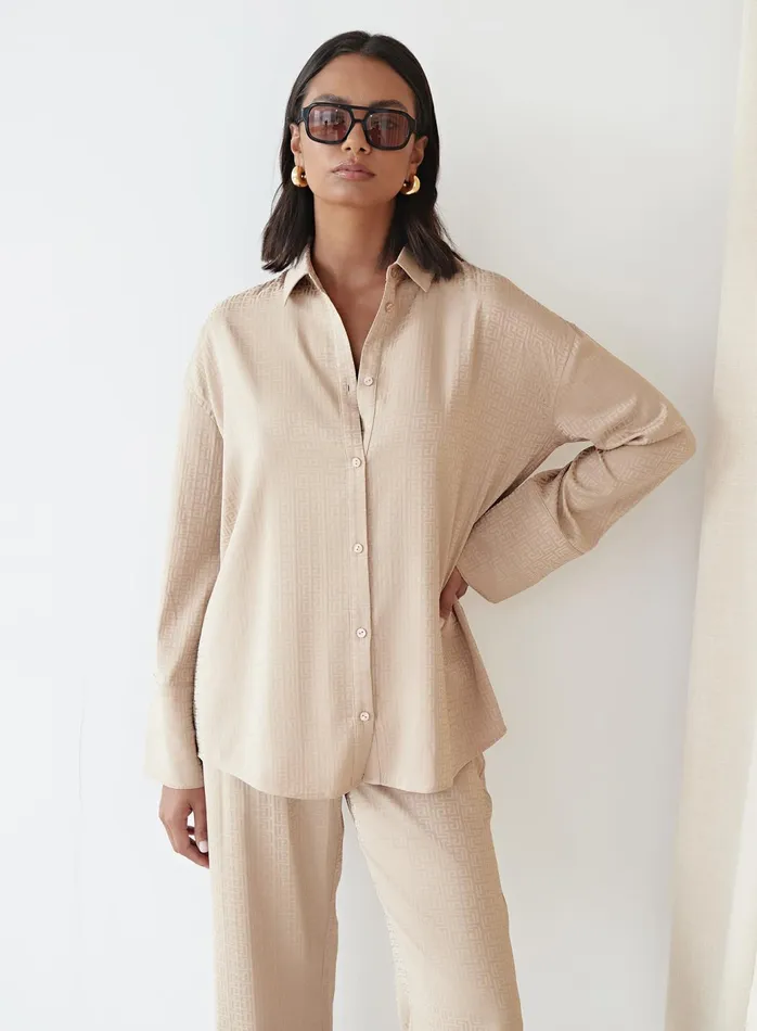 Women Camel Relaxed Geo Print Satin Shirt 8211 Mimi 4th and Reckless Tops
