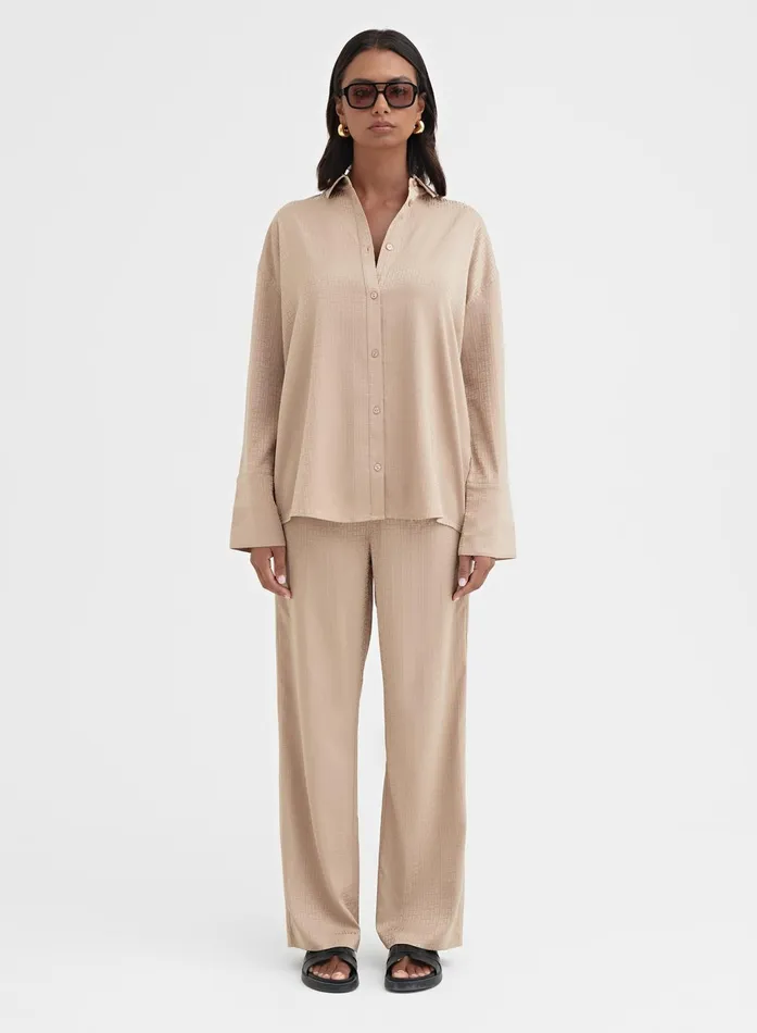 Women Camel Relaxed Geo Print Satin Shirt 8211 Mimi 4th and Reckless Tops
