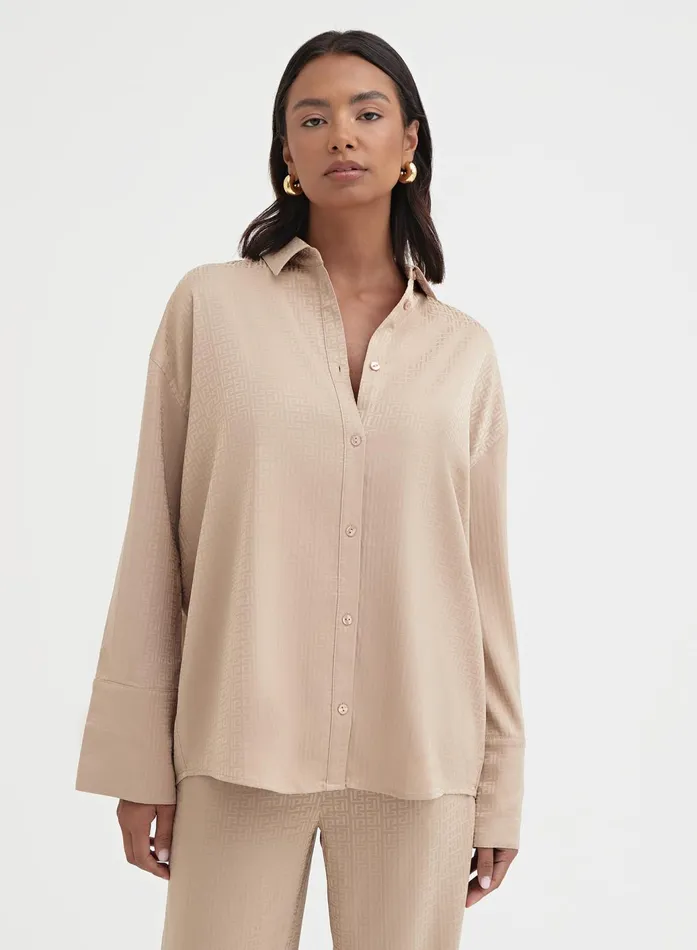 Women Camel Relaxed Geo Print Satin Shirt 8211 Mimi 4th and Reckless Tops