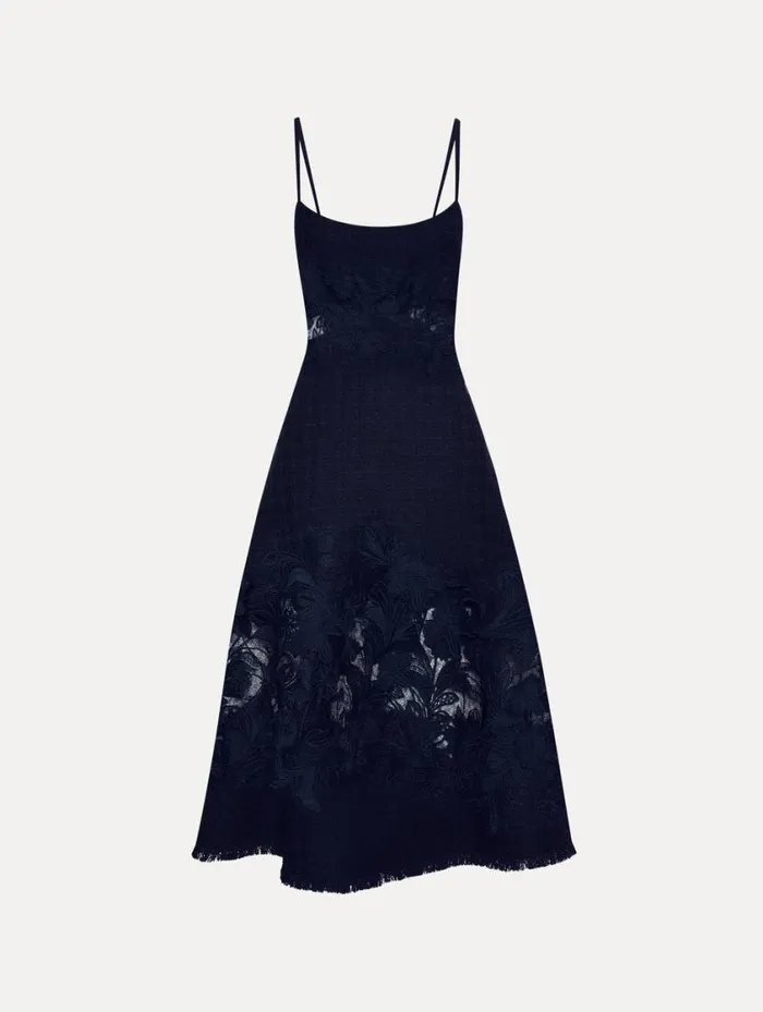Women Carnation Guipure Inset Tweed Dress Navy Oscar De La Renta Dresses
