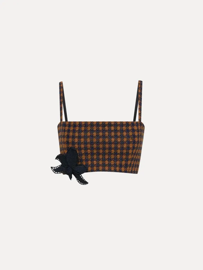 Women Check Tweed Orchid Embroidered Top Cognac Navy Oscar De La Renta Blouses and Knits Women Check Tweed Orchid Embroidered Top Cognac Navy Oscar De La Renta Blouses and Knits