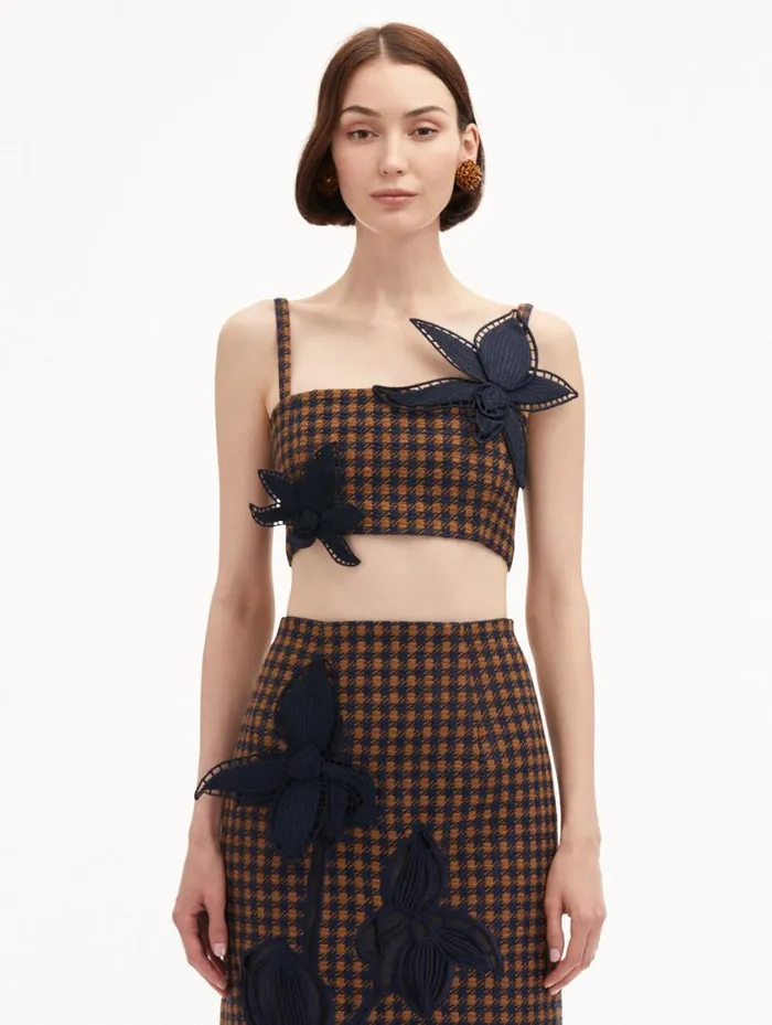 Women Check Tweed Orchid Embroidered Top Cognac Navy Oscar De La Renta Blouses and Knits Women Check Tweed Orchid Embroidered Top Cognac Navy Oscar De La Renta Blouses and Knits