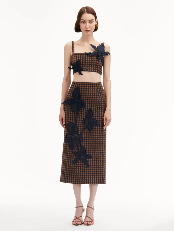 Women Check Tweed Orchid Embroidered Top Cognac Navy Oscar De La Renta Blouses and Knits Women Check Tweed Orchid Embroidered Top Cognac Navy Oscar De La Renta Blouses and Knits
