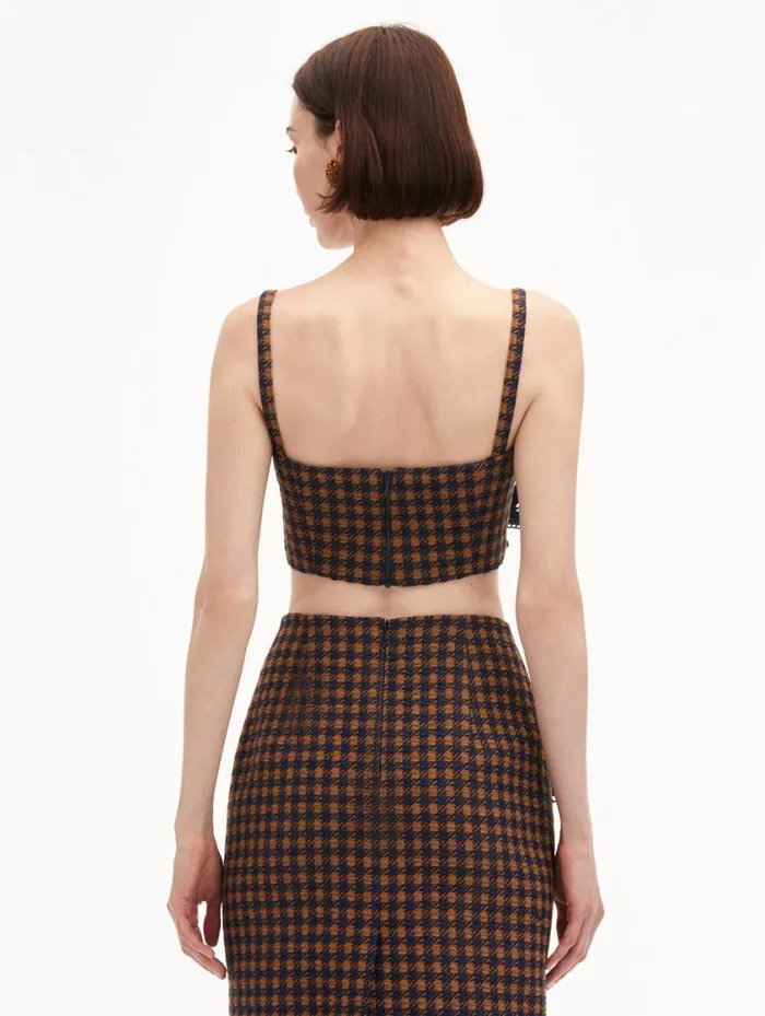 Women Check Tweed Orchid Embroidered Top Cognac Navy Oscar De La Renta Blouses and Knits Women Check Tweed Orchid Embroidered Top Cognac Navy Oscar De La Renta Blouses and Knits