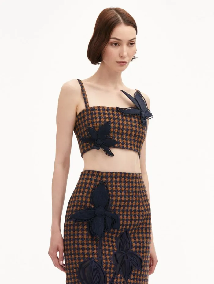 Women Check Tweed Orchid Embroidered Top Cognac Navy Oscar De La Renta Blouses and Knits Women Check Tweed Orchid Embroidered Top Cognac Navy Oscar De La Renta Blouses and Knits