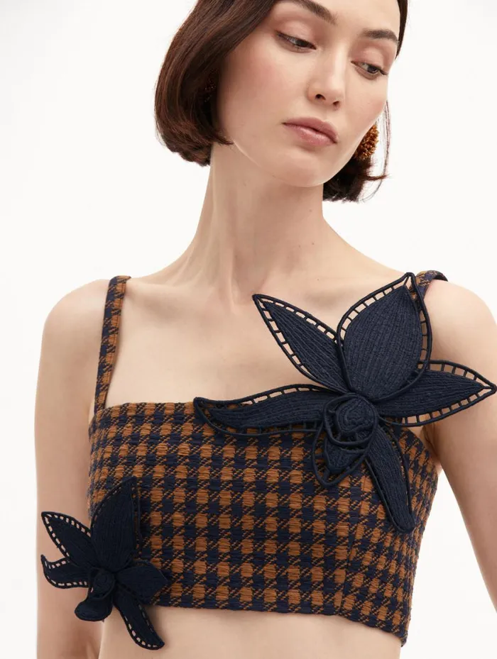 Women Check Tweed Orchid Embroidered Top Cognac Navy Oscar De La Renta Blouses and Knits Women Check Tweed Orchid Embroidered Top Cognac Navy Oscar De La Renta Blouses and Knits
