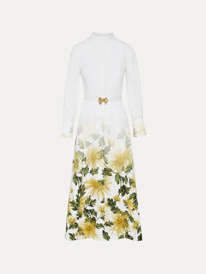 Women Chrysanthemum Fade Cotton Poplin Dress Yellow White Oscar De La Renta Dresses Women Chrysanthemum Fade Cotton Poplin Dress Yellow White Oscar De La Renta Dresses
