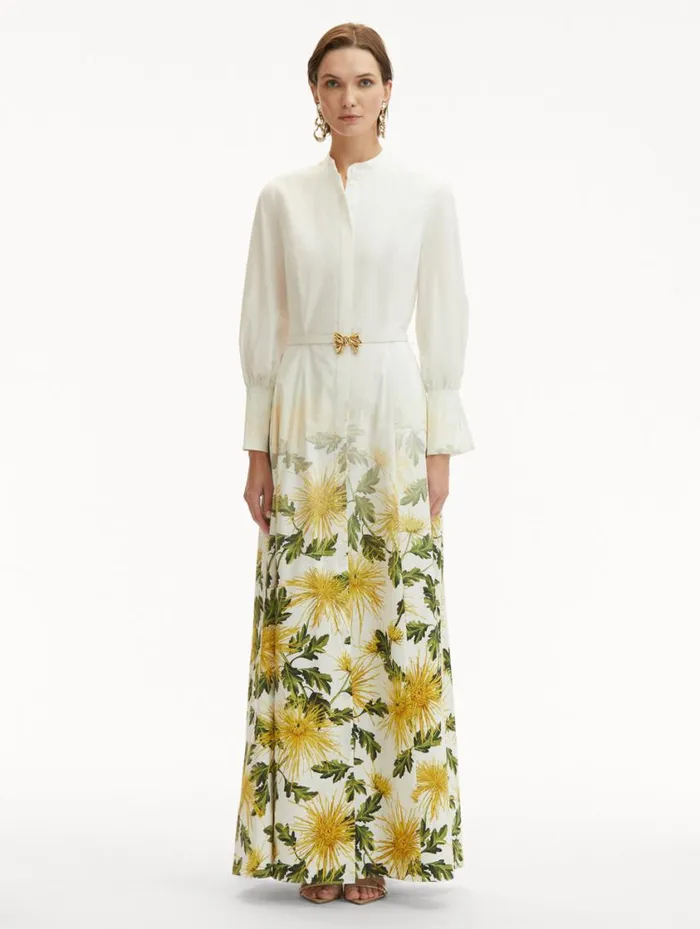 Women Chrysanthemum Fade Cotton Poplin Dress Yellow White Oscar De La Renta Dresses Women Chrysanthemum Fade Cotton Poplin Dress Yellow White Oscar De La Renta Dresses