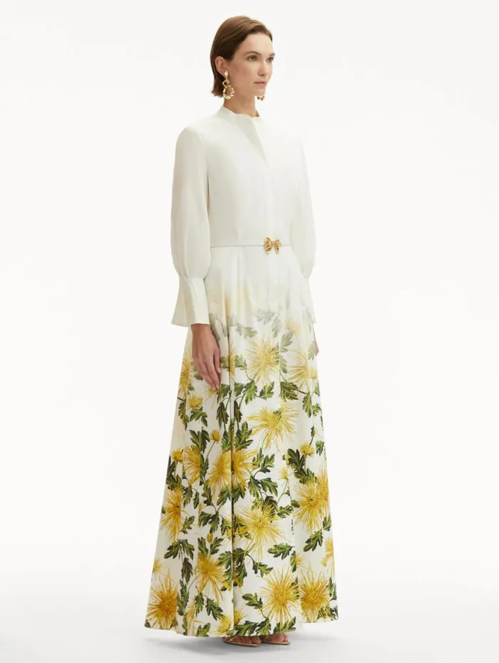 Women Chrysanthemum Fade Cotton Poplin Dress Yellow White Oscar De La Renta Dresses Women Chrysanthemum Fade Cotton Poplin Dress Yellow White Oscar De La Renta Dresses