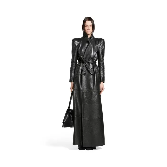 Women Coats and Jackets Balenciaga Round Shoulder Maxi Trench Coat In Black