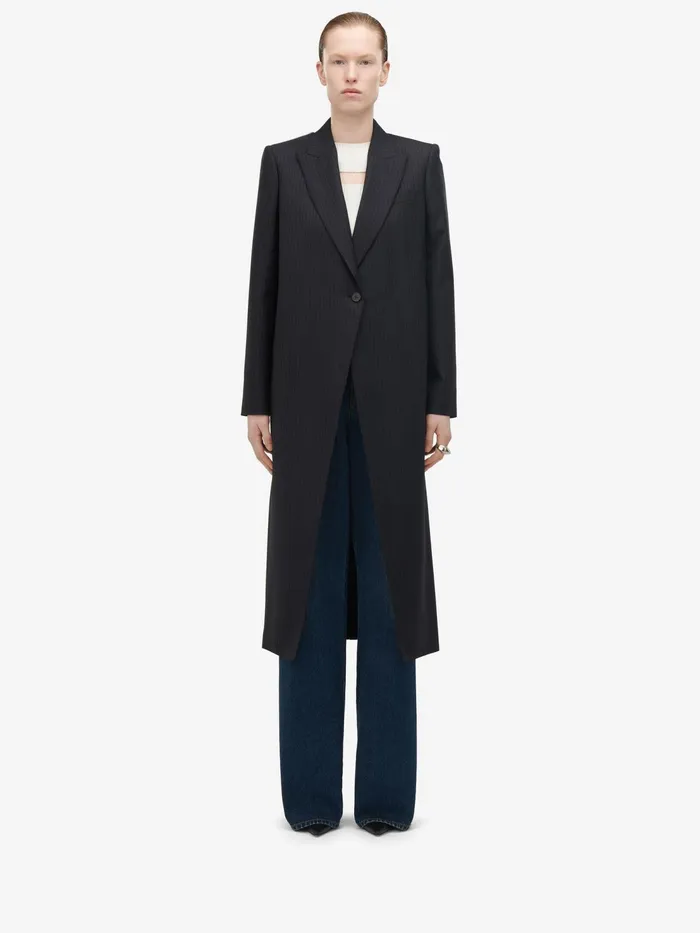 Women Coats And Outerwear Alexander McQueen Pinstripe Cutaway Coat Navy