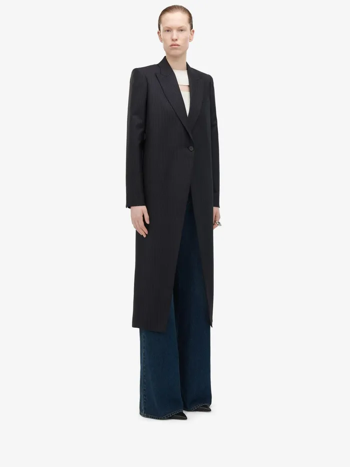 Women Coats And Outerwear Alexander McQueen Pinstripe Cutaway Coat Navy