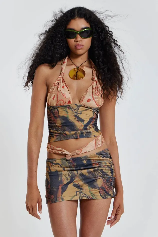 Women Contrast Print Knotted Beach Top Jaded London Beach CoOrds